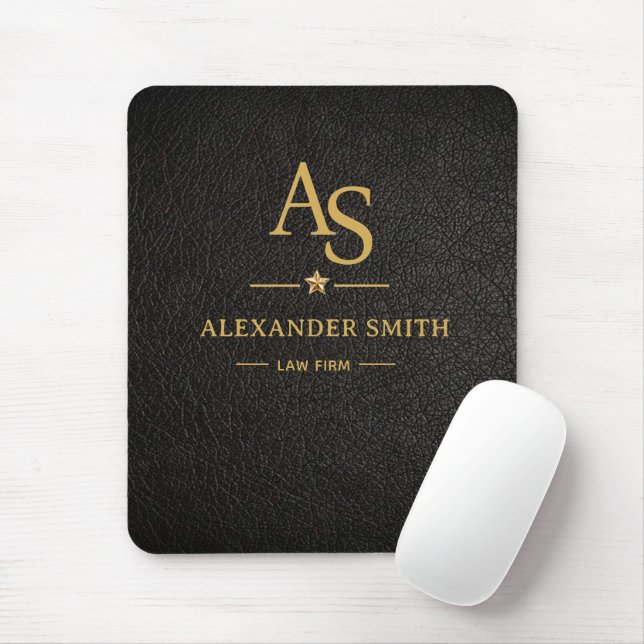 Mousepad Luxury Black Leather Gold Monogram Business Brand (Com mouse)
