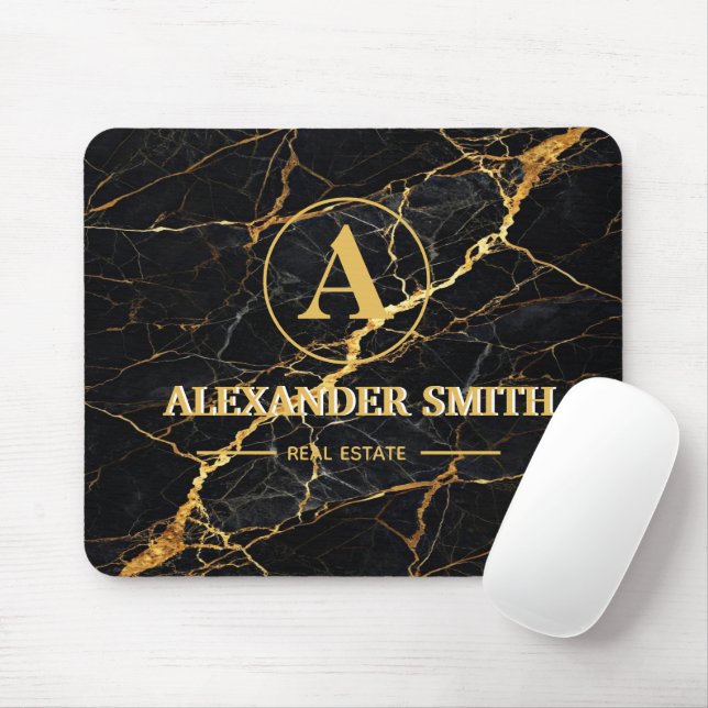 Mousepad Luxury Black Marble Gold Monogram Business Brand (Com mouse)