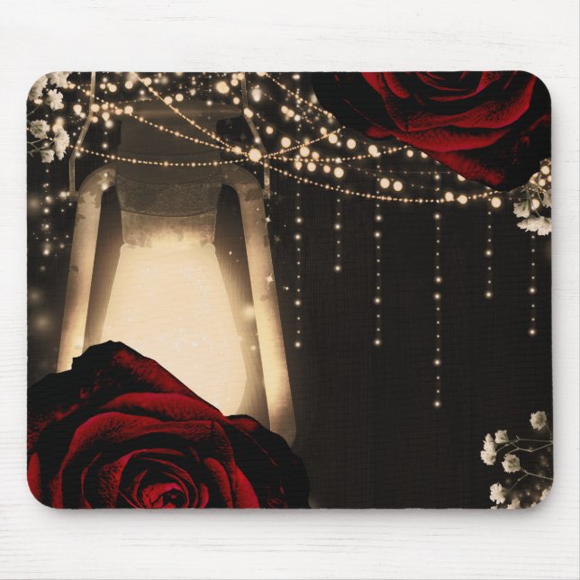 Mousepad Luz de Lanterna Rústica e Rosas Vermelhas Escuras  (Frente)