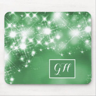 Mousepad Luzes de estrelas brilhantes no monograma verde