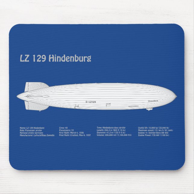 Mousepad LZ 129 Hindenburg - Planos de projeto de aeróstato (Frente)