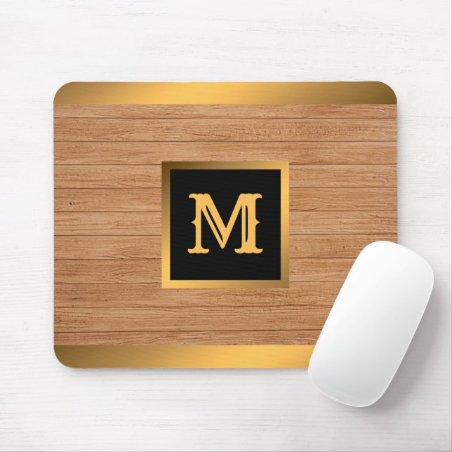 Mousepad Madeira Dourada de luxo Monograma Moderno (Com mouse)