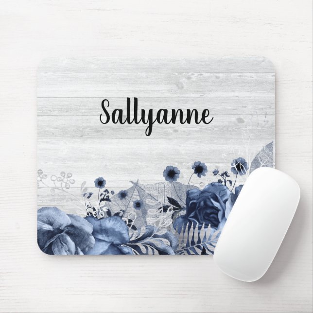 MOUSEPAD MADEIRA RUSTICA FRONTEIRA FLORAL AZUL PERSONALIZÁV (Com mouse)