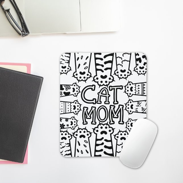 Mousepad Mãe de gato preto e branco, bonito, com patas de g (Fun Black & White Cat Mom For Cat Lovers Mouse Pad)