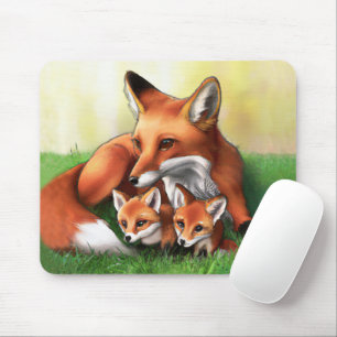 Mousepad Mãe de Raposa Vermelha e Kits na Grama