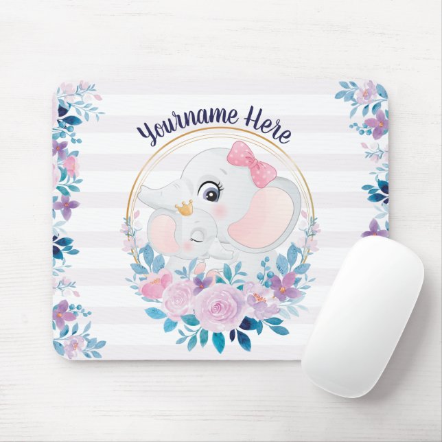 Mousepad Mãe e Elefante Bebês, cor-de-rosa, coroa (Com mouse)