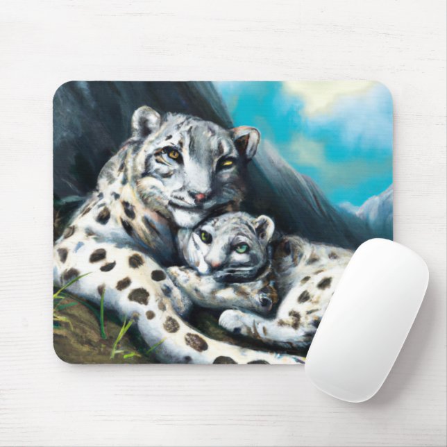 Mousepad Mãe-Leopardo-da-Neve e Cubo nas Montanhas (Com mouse)