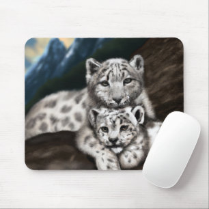 Mousepad Mãe-Leopardo-da-Neve e Cubo nas Montanhas
