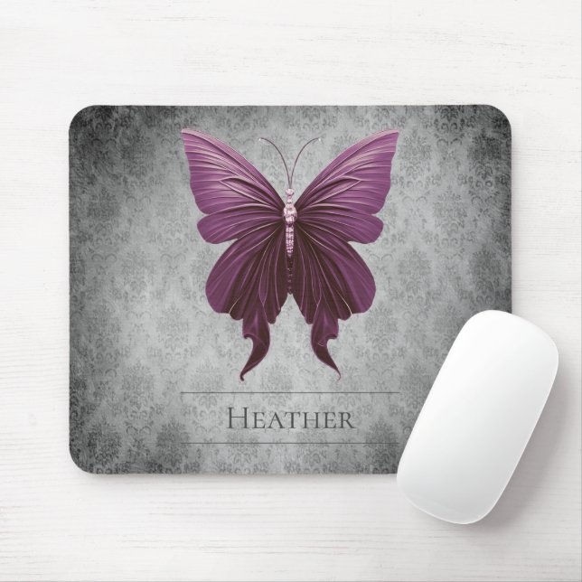 Mousepad Magenta Jeweled Butterfly Damask (Com mouse)