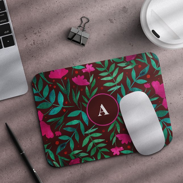 Mousepad Magenta mágica do jardim branco e monograma verde (Criador carregado)