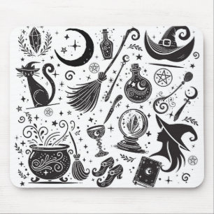 Mousepad Mágica Bruxa Whimsical Wiccan Pagan Black & White