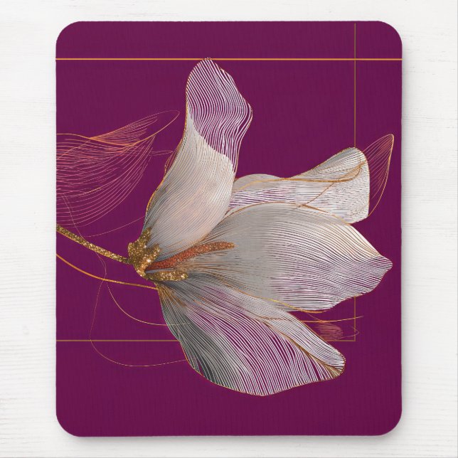 Mousepad Magnólia Branca Linha Dourada Magenta (Frente)
