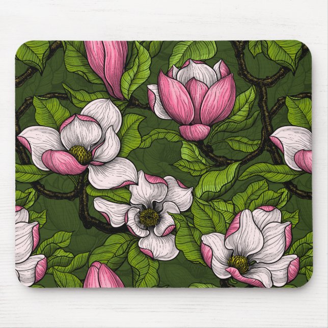 Mousepad Magnólia florescente em verde escuro (Frente)