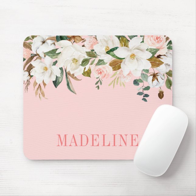 Mousepad Magnolias de Aquarela Moderna Elegante Fashionávei (Com mouse)