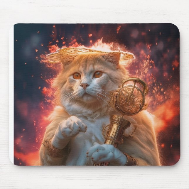 Mousepad Mago Gato Com Cajado Mágico Em Meio às Chamas (Frente)