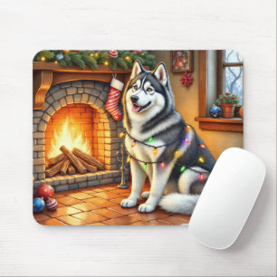 Mousepad Malamute do Alasca com Lareira e Luzes de Natal
