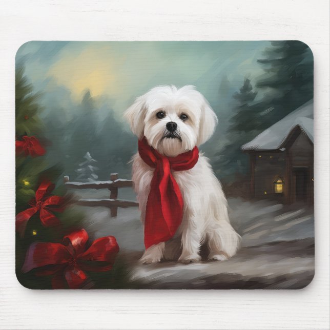 Mousepad Maltês Cão no Natal da Neve (Frente)