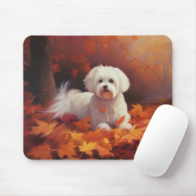 Mousepad Maltês nas Folhas do outono caem inspiração (Com mouse)