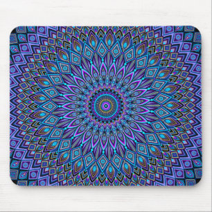 Mousepad Mandala Boho Blue Teal Purple Pavão Dourado Magia