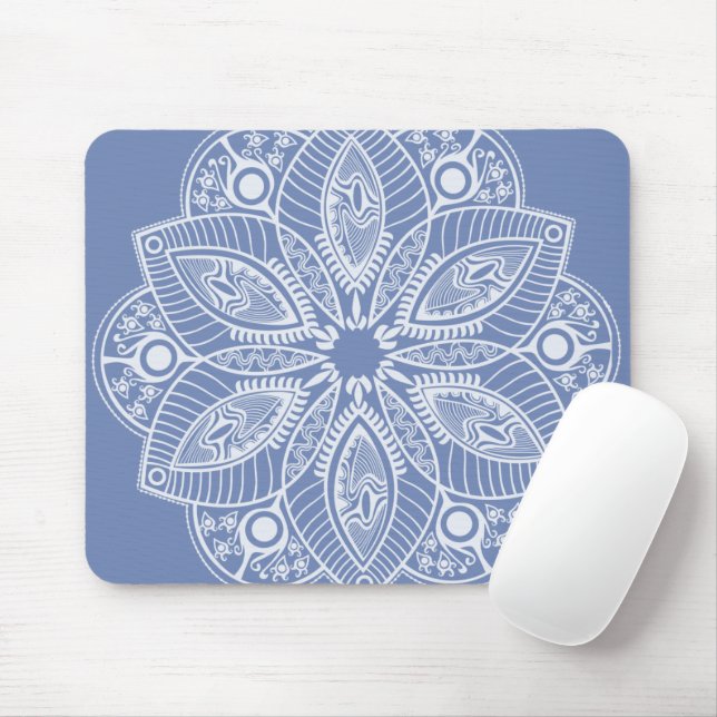 Mousepad Mandala branca exótica em fundo azul (Com mouse)