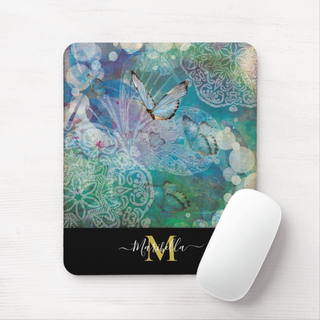 Mousepad Mandala de Borboleta Personalizar Monograma Mouse  (Com mouse)