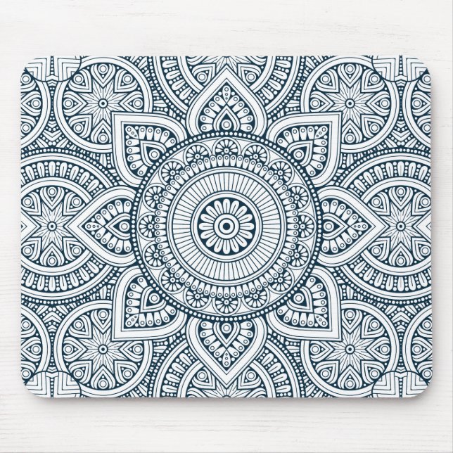 Mousepad Mandala floral branca azul geométrica (Frente)