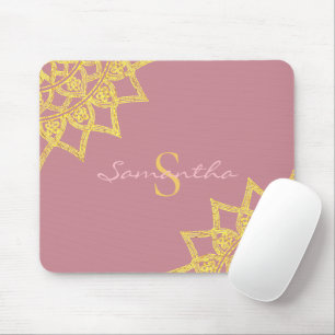 Mousepad Mandala Floral Elegante Rosa Dourado Monograma