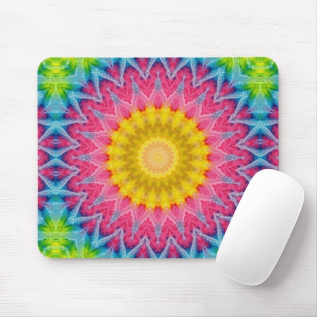 Mousepad Mandalá Tie-Dye Arco-íris com Simetria Vibrante (Com mouse)
