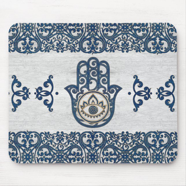 Mousepad Mão de Hamsa - mão da madeira do azul de Fatima (Frente)