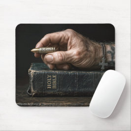 Mousepad Mão de Homem em uma Bíblia Segurando uma Bala