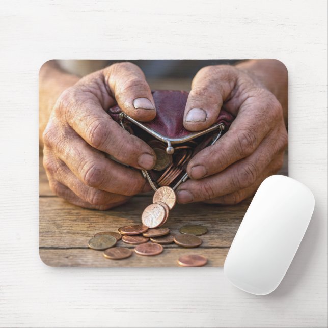Mousepad Mãos Envelhecidas com Moedas de Centavo na Bolsa (Com mouse)