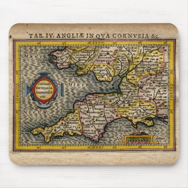 Mousepad Mapa 1610 de Cornualha, de Devon, de Somerset, (Frente)