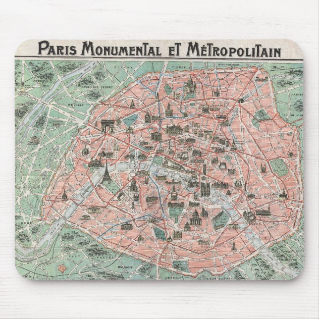 Mousepad Mapa 1932 do art deco de Paris, France (Frente)