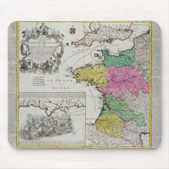 Mousepad Mapa alemão que mostra ataques navais ingleses no (Frente)