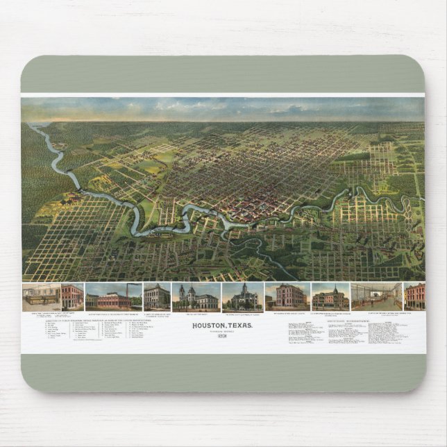 Mousepad Mapa antigo de Houston, Texas com Rio Buffalo (Frente)