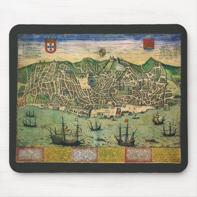 Mousepad Mapa antigo de Lisboa, Portugal por Braun/Hogenber (Frente)