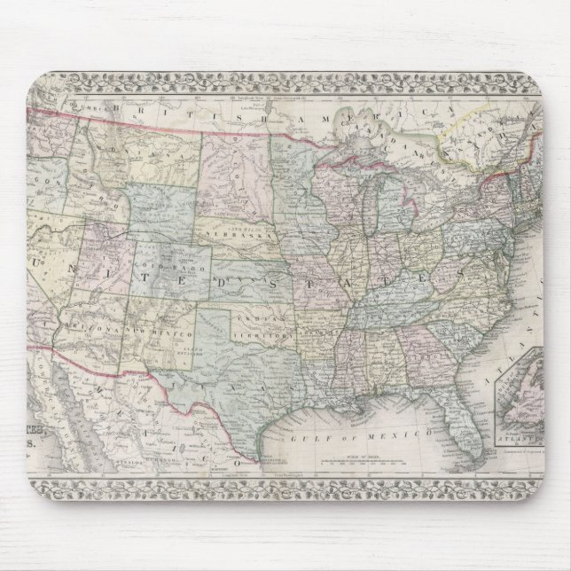 Mousepad Mapa Antigo de Mitchell dos Estados Unidos (1867) (Frente)