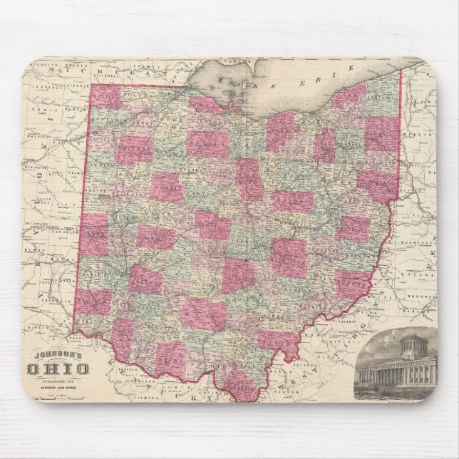 Mousepad Mapa Antigo de Ohio (1864) (Frente)