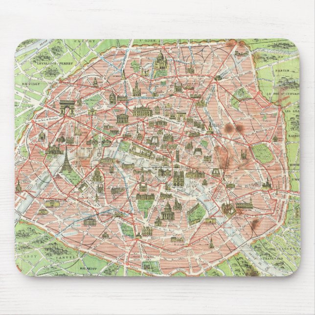 Mousepad Mapa Antigo de Paris (1920) (Frente)