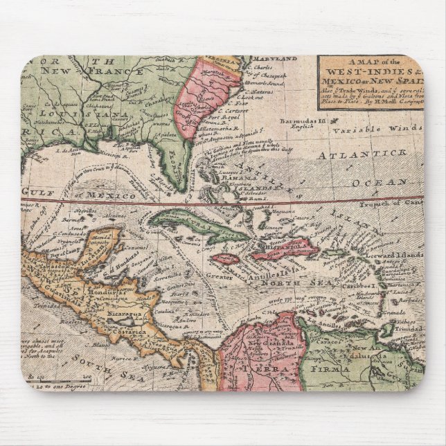 Mousepad Mapa Antigo do Caribe (1732) (Frente)