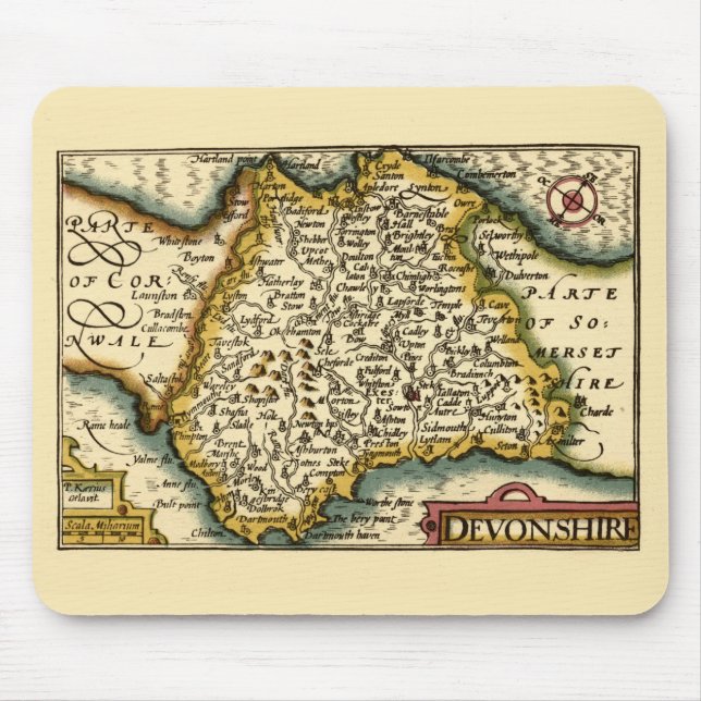 Mousepad Mapa Antiquário do Condado de Devon (Devonshire) (Frente)