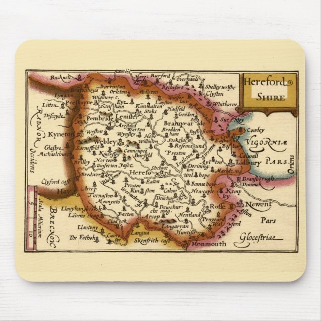 Mousepad Mapa Antiquário do Condado de Herefordshire Inglat (Frente)