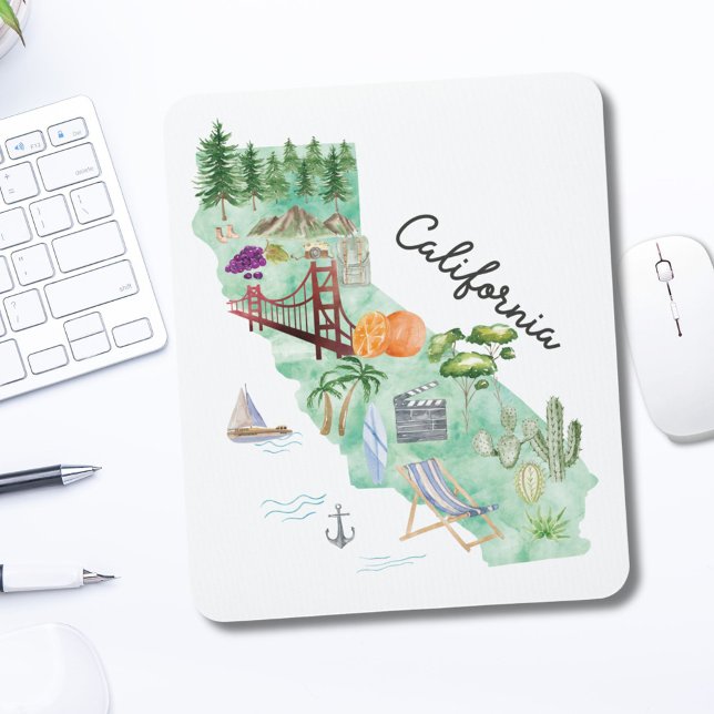 Mousepad Mapa de Arte do Estado da Califórnia em Aquarela (In situ)