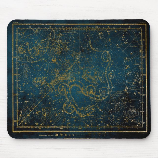 Mousepad Mapa de estrelas Dourado e Azul Escuro Ilustrado (Frente)