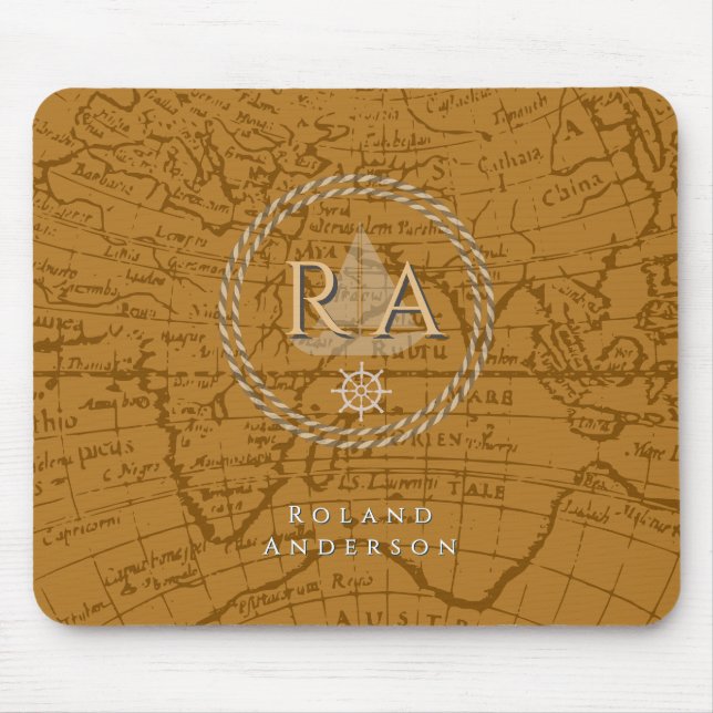 Mousepad Mapa de Monograma de Corda Náutica Marrom (Frente)