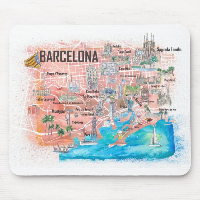 Mousepad Mapa de Viagem com Estradas Ilustrado de Barcelona (Frente)