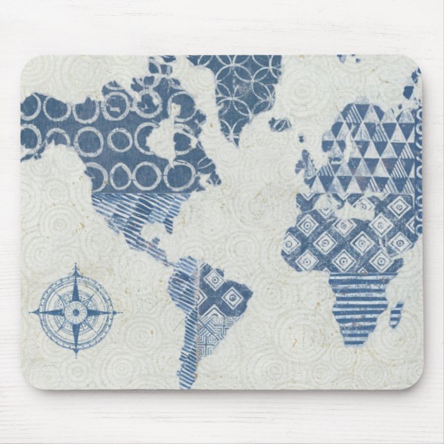 Mousepad Mapa do Batik do azul de índigo do mundo (Frente)