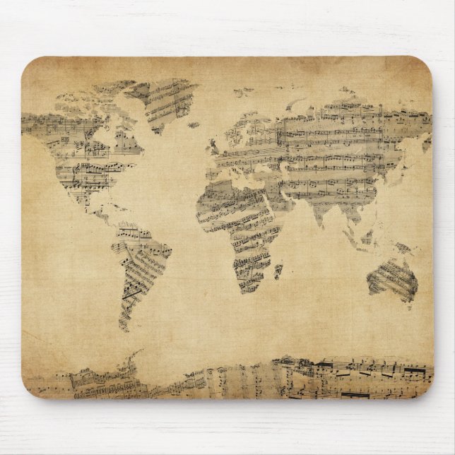 Mousepad Mapa do mapa do mundo da partitura velha (Frente)