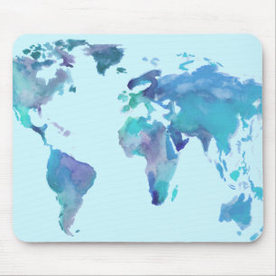 Mousepad Mapa do mundo do azul da aguarela