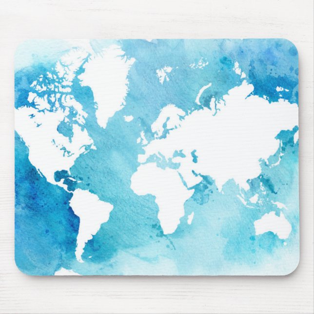 Mousepad Mapa do mundo em azuis da aguarela (Frente)